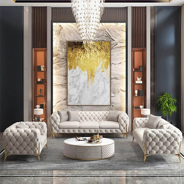 Rocky Chesterfield 3 Seater Sofa Set in Luxury Light Cream Leather with Gold Metal Legs - UK Luxury Furniture